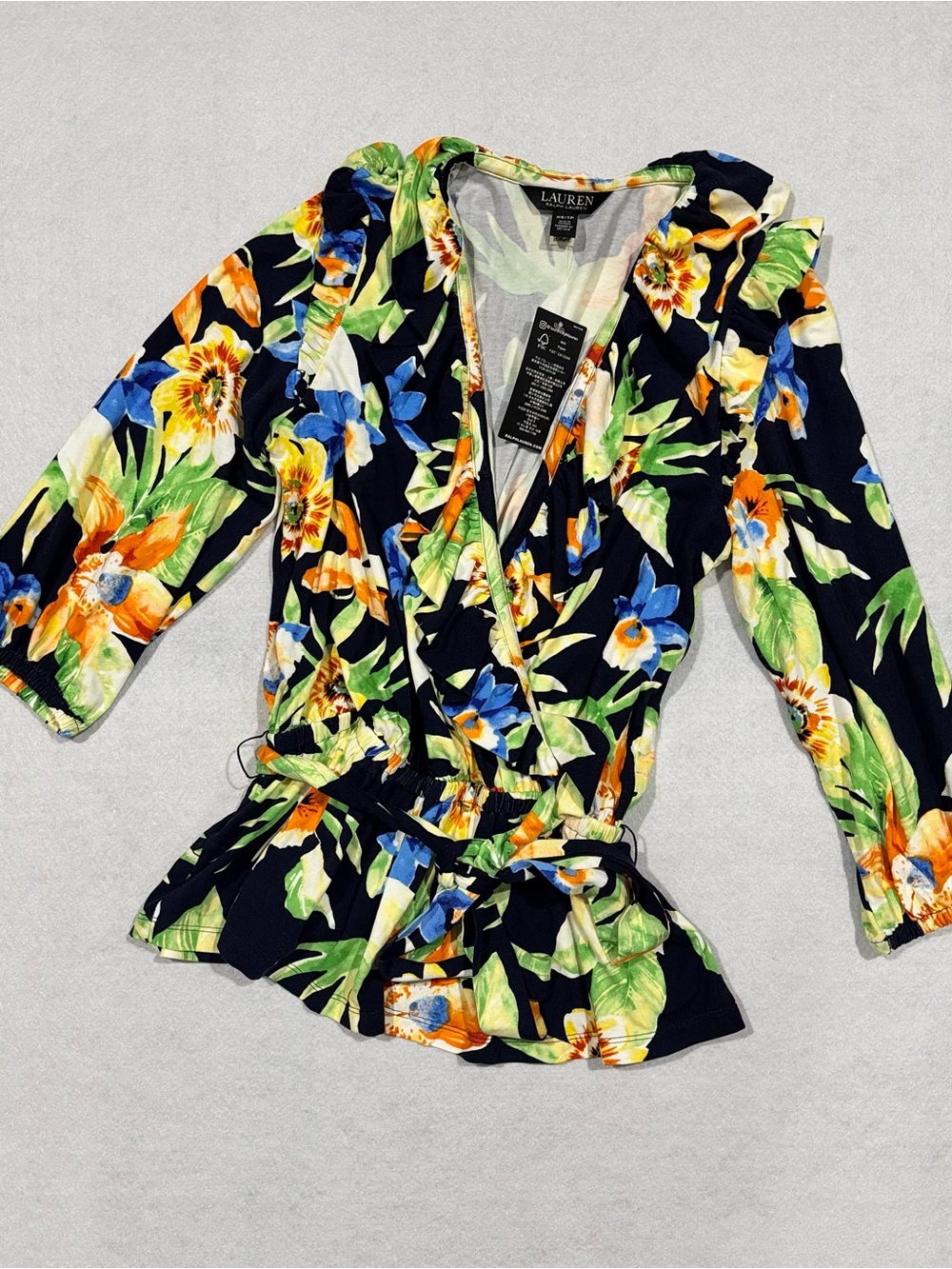 Lauren Ralph Lauren Floral Wrap Top - Navy with Orange, Blue & Green NWT